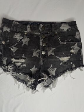 love, Fire Black Distressed Star Print Denim Shorts